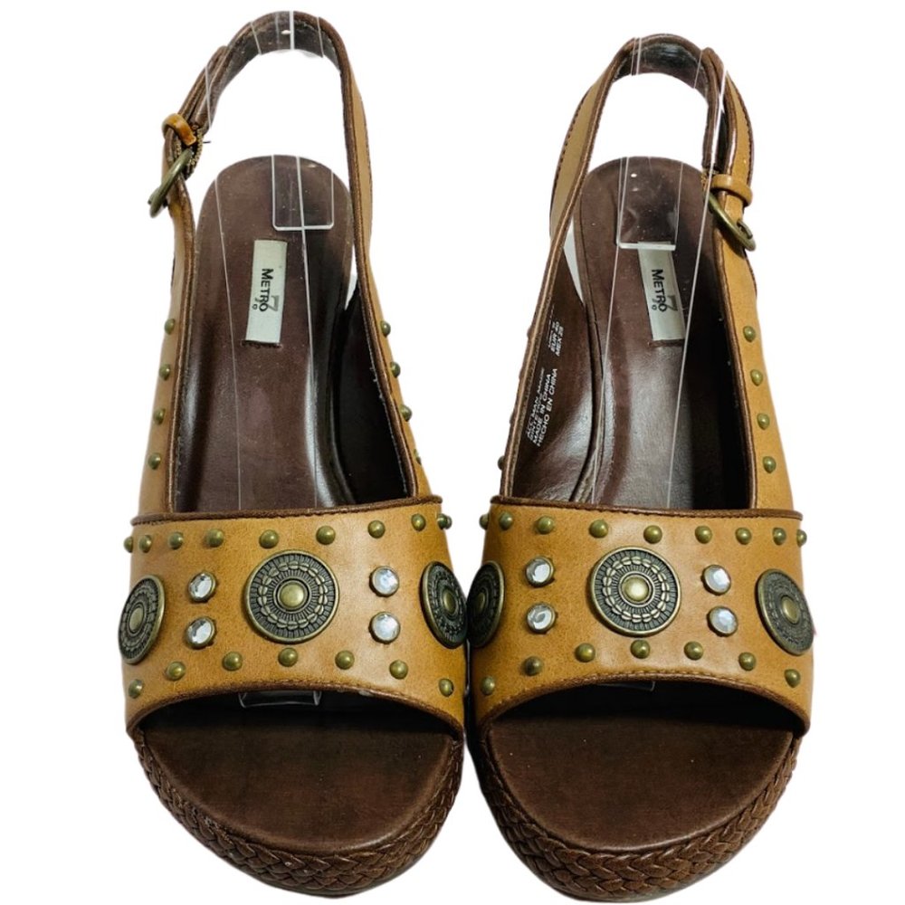 Metro 7 Teri Faux Tan Leather Wedge Heel Sandals